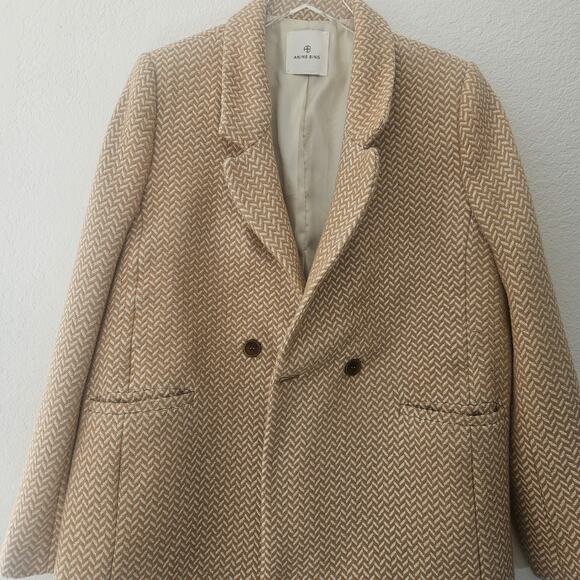 Anine Bing Oversized Fishbone Blazer Tan/White Herringbone Print‎ Size Large - Picture 8 of 11